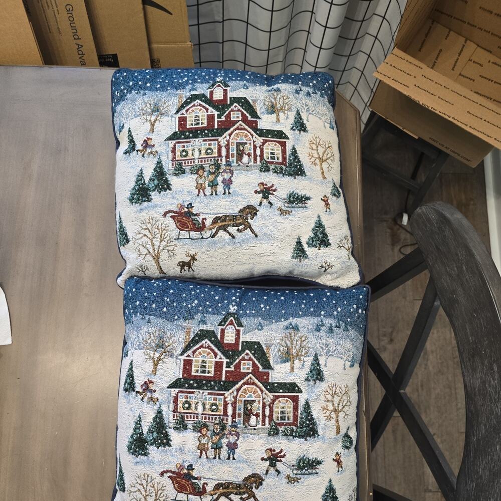 Set of 2 Christmas Tapestry Pillows 15"x15" Snow, Carolers, Horse/Buggy